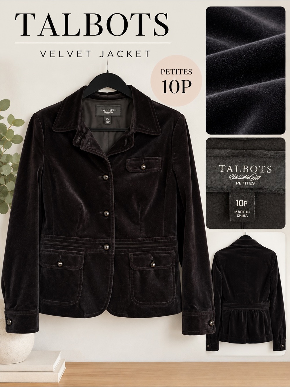 Talbots Petites Black Velvet Velour Jacket Size 10P Button Front Blazer